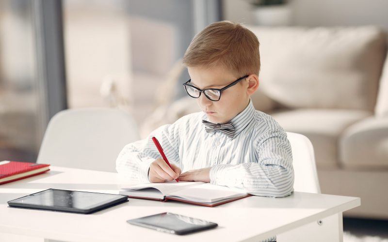 Business theme. Child in a business style. Little boy with a laptop.